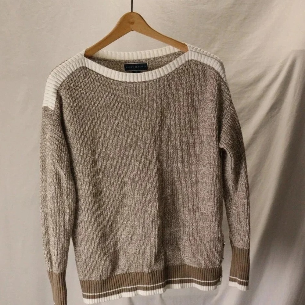Karen Scott Pullover Sweater Womens M Tan White Excellent Boat Neck Ribbed